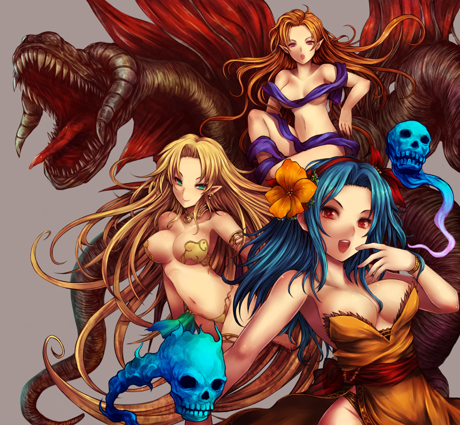 :o, armlet, barbariccia, bikini, blonde_hair, blue_hair, breasts, byunei, choker, cleavage, earrings, elf, final_fantasy, final_fantasy_iv, flower, green_eyes, hair_flower, hair_ornament, hairband, jewelry, kara_(color), large_breasts, long_hair, monster_girl, multiple_girls, naked_ribbon, open_mouth, pointy_ears, red_eyes, ribbon, rocbouquet, romancing_saga, romancing_saga_2, romancing_saga_3, saga, side_slit, skull, smile, swimsuit, thigh_strap, very_long_hair