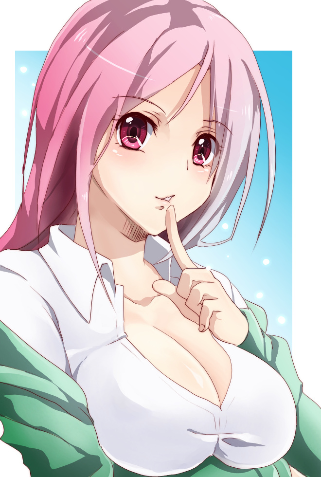 breasts, cleavage, finger_to_mouth, kirito_(tundereyuina), kuroko_no_basuke, long_hair, looking_at_viewer, momoi_satsuki