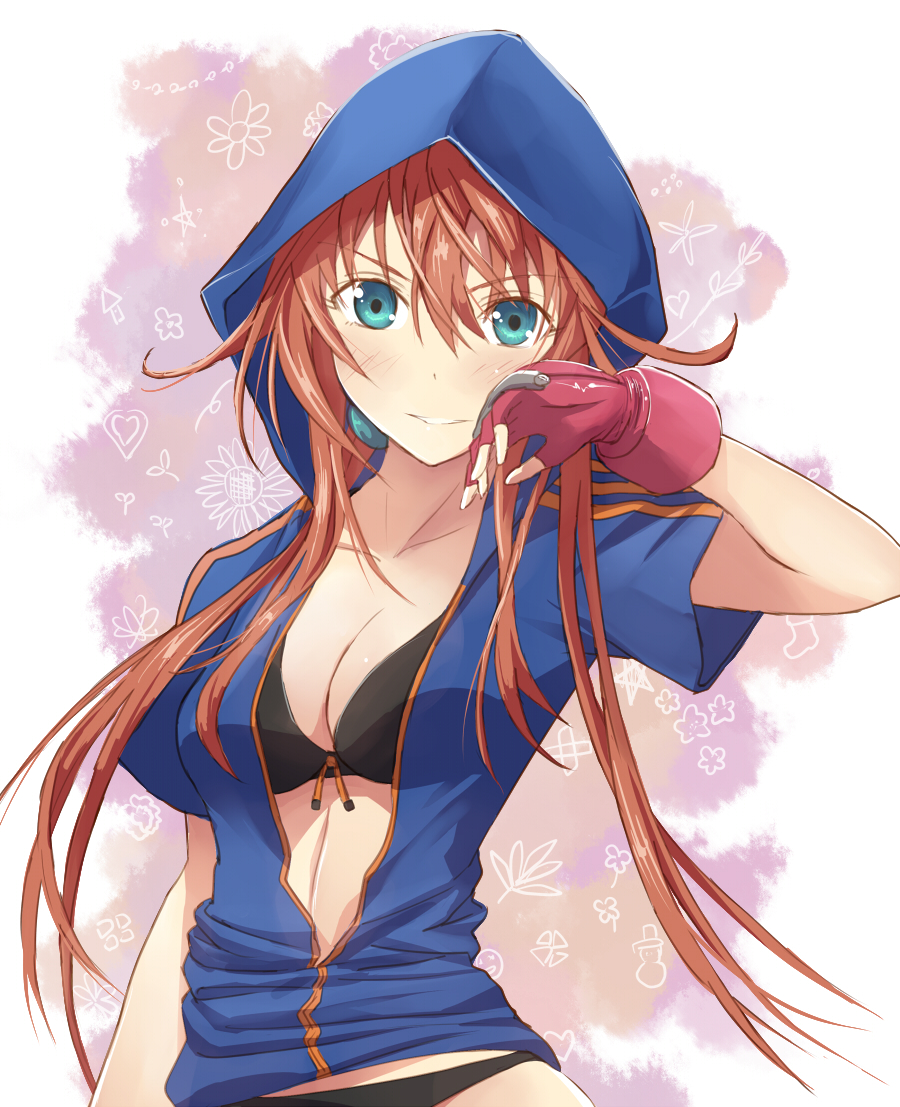 black_panties, blue_eyes, blush, breasts, cleavage, fingerless_gloves, gloves, hoodie