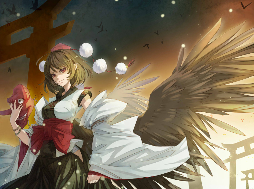 bird, brown_hair, duplicate, hat, highres, igneous25, japanese_clothes, lord_tenma