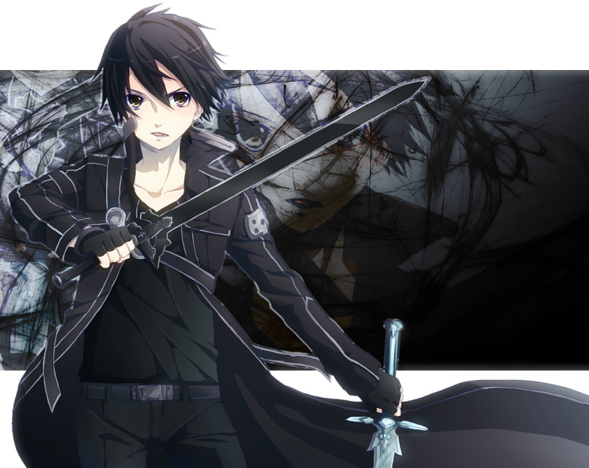 black_eyes, black_hair, dual_wielding, fingerless_gloves, gloves, kirito, kirito_(tundereyuina), male