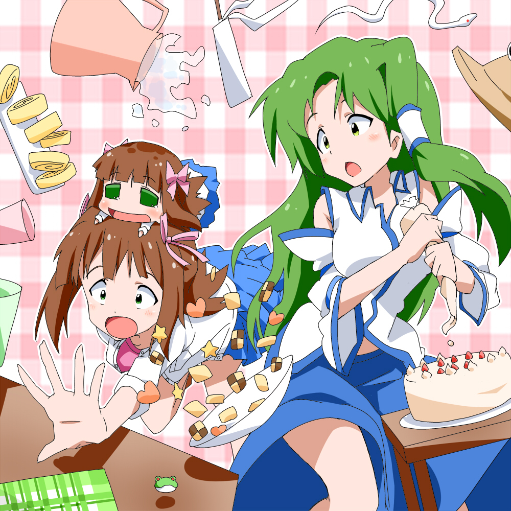 2girls, amami_haruka, brown_hair, cake, chibi, cookie, crossover, detached_sleeves, food, frog_hair_ornament, fueiku, green_eyes, green_hair, hair_ornament, hair_ribbon, haruka-san_(puchimasu!), idolmaster, kochiya_sanae, long_hair, multiple_girls, open_mouth, puchimasu!, pyonta, ribbon, short_hair, touhou