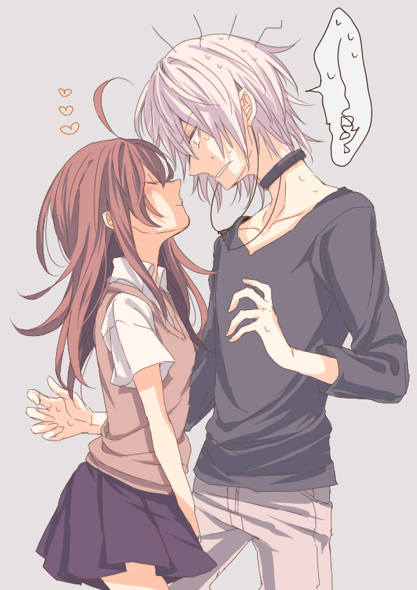 1girl, accelerator, ahoge, blush, brown_hair, closed_eyes, eyes_closed, heart, last_order, school_uniform, silver_hair, skirt, to_aru_majutsu_no_index, yamano_(151515)