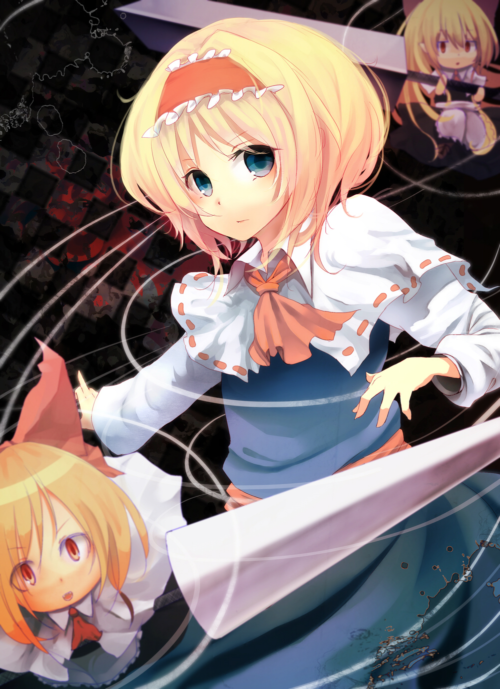 alice_margatroid, apron, ascot, bad_id, blonde_hair, blue_eyes, blurry, bow