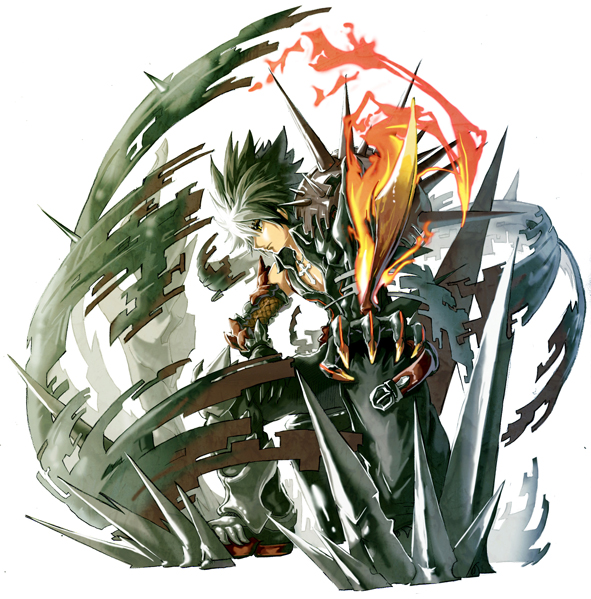 black_hair, boots, cross, elsword, gauntlets, jewelry, male, multicolored_hair