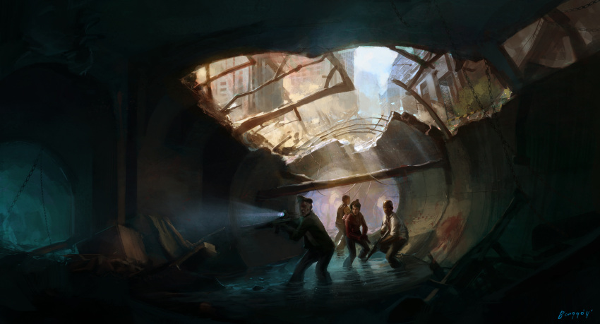 assault_rifle, bill_(left4dead), blood, blood_stain, bonggo, feet_in_water, francis_(left4dead), gun