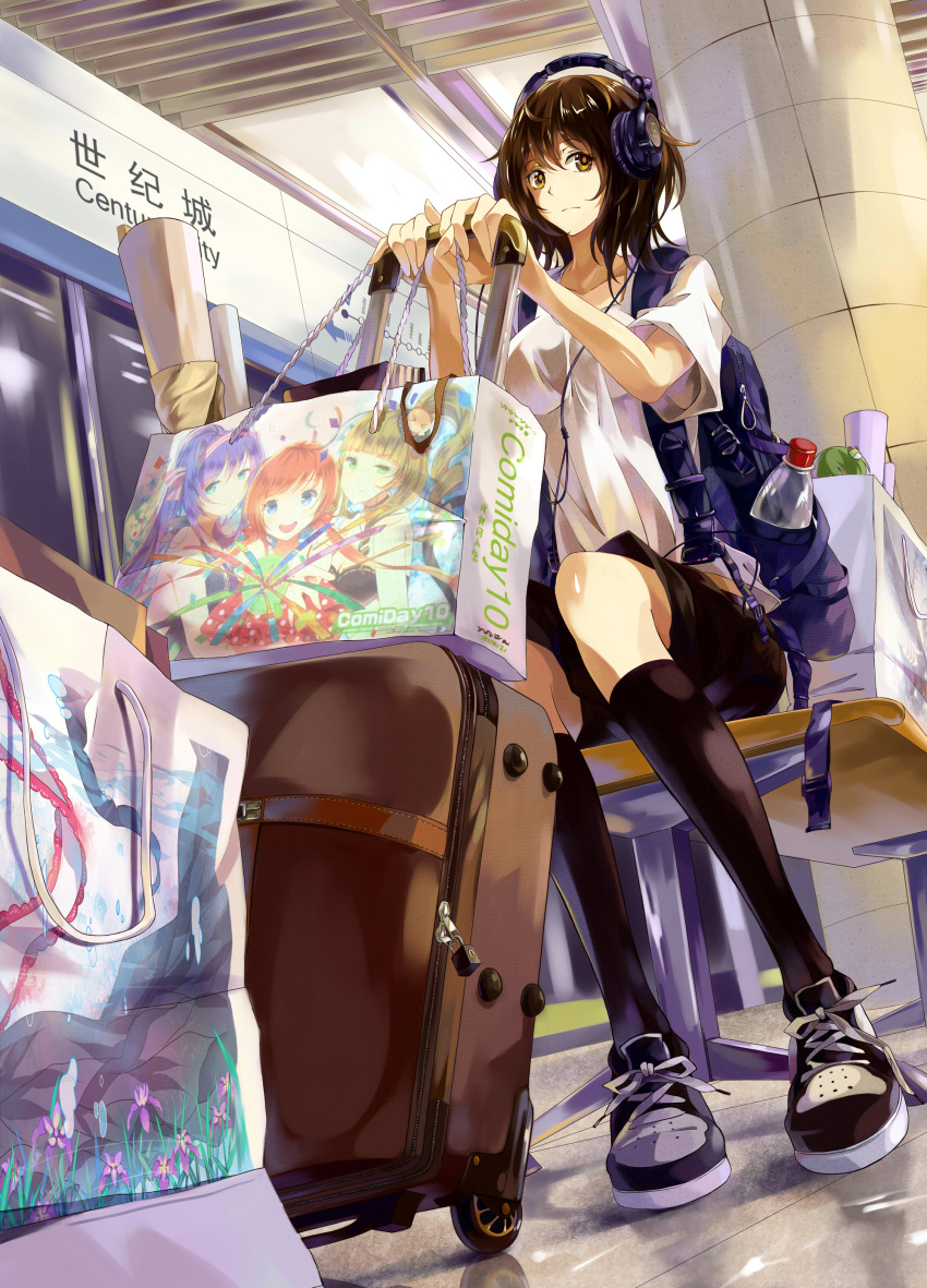 absurdres, bag, bottle, brown_hair, headphones, highres, holding, lock