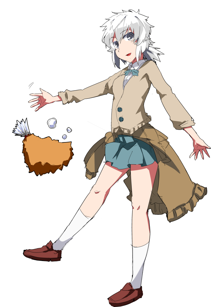 1girl, bow, cotton_tofu, fish, flat_chest, food, fried_horse_mackerel, grey_eyes, open_mouth, personification, shoes, silver_eyes, simple_background, skit, socks, solo, white_background, white_legwear