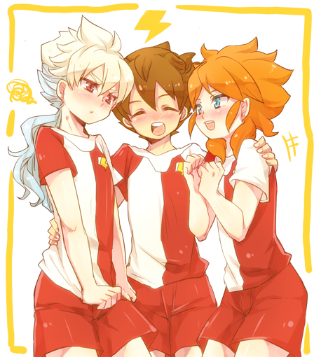 alternate_costume, amemiya_taiyou, blue_eyes, blush, brown_hair, closed_eyes, eyes_closed, hakuryuu_(inazuma_eleven)