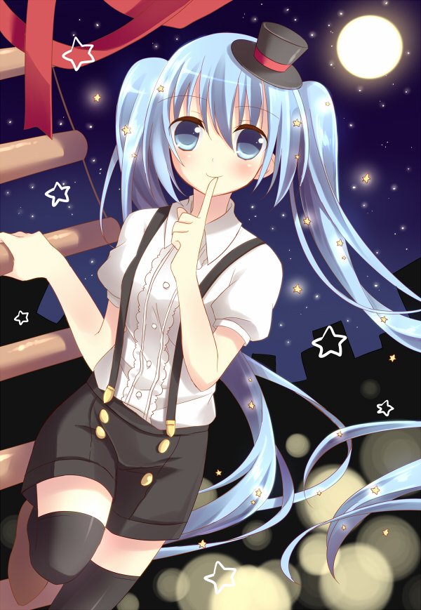 aqua_eyes, aqua_hair, blush, finger_to_mouth, full_moon, hat, hatsune_miku, long_hair