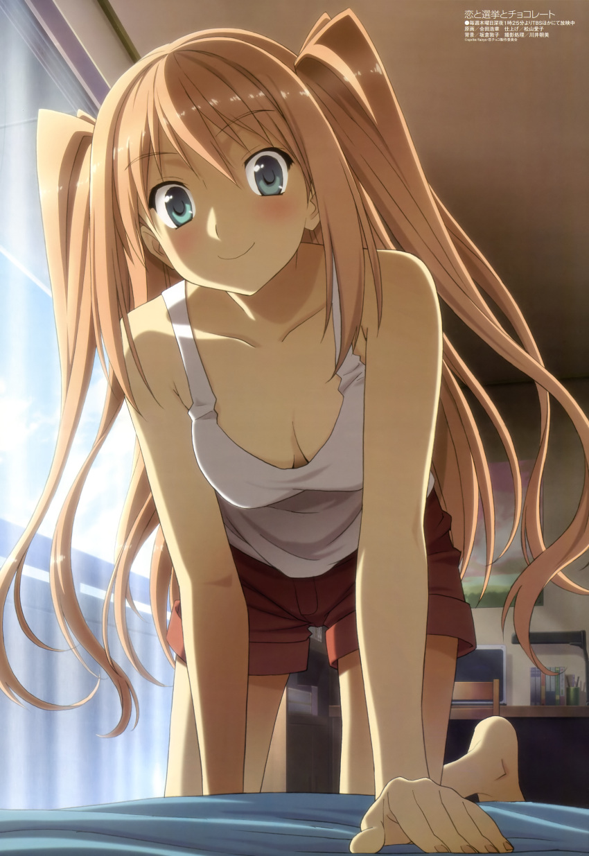 absurdres, blue_eyes, blush, breasts, brown_hair, cleavage, down_blouse, gouda_hiroaki