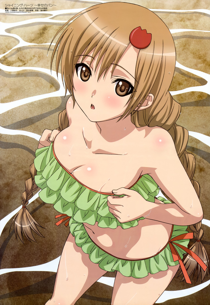 :o, absurdres, amyl_(shining_hearts), bikini, blush, braid, breasts, brown_eyes, brown_hair, cleavage, from_above, hair_ornament, hairclip, highres, long_hair, manaflare_amil, megami, navel, official_art, scan, shining_(series), shining_hearts, swimsuit, twin_braids, very_long_hair, water, wet, yahiro_yuuko