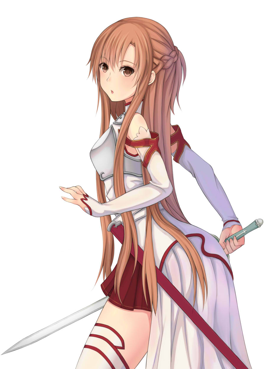 :o, asuna_(sao), braid, breastplate, brown_eyes, brown_hair, detached_sleeves, half_updo