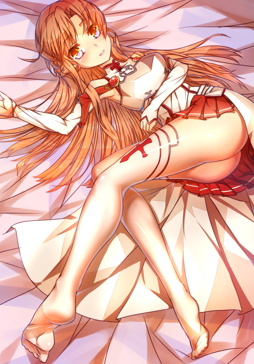 ass, asuna_(sao), brown_hair, detached_sleeves, feet, go_sai_(475789336), highres, legs, long_hair, long_legs, looking_at_viewer, no_shoes, on_back, pink_eyes, skirt, solo, sword_art_online, thigh-highs, thighhighs, thighs, white_legwear