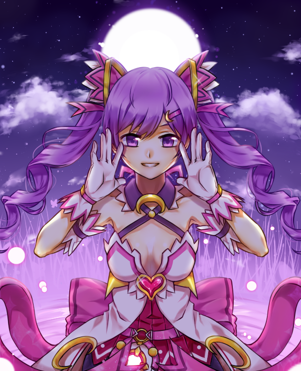 aisha_(elsword), elsword, gloves, grin, long_hair, purple, purple_background, purple_eyes