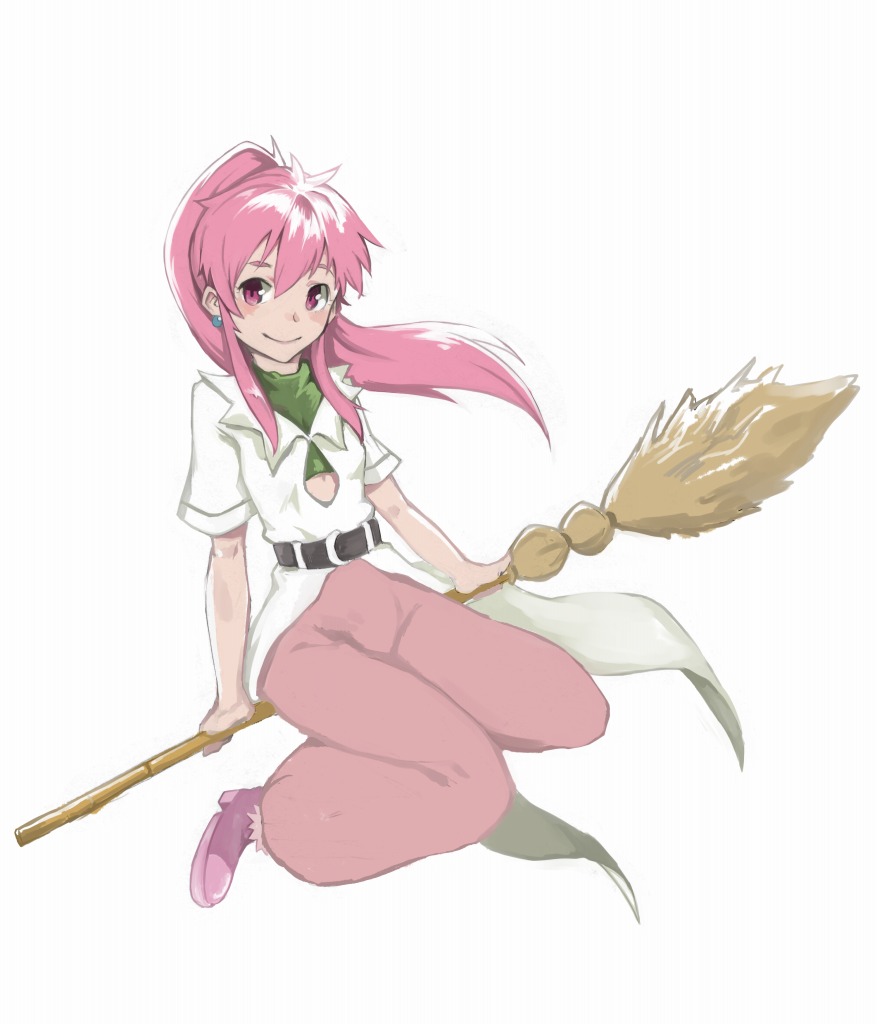 arche_klein, blush, broom, broom_riding, earrings, jewelry, long_hair, pink_eyes