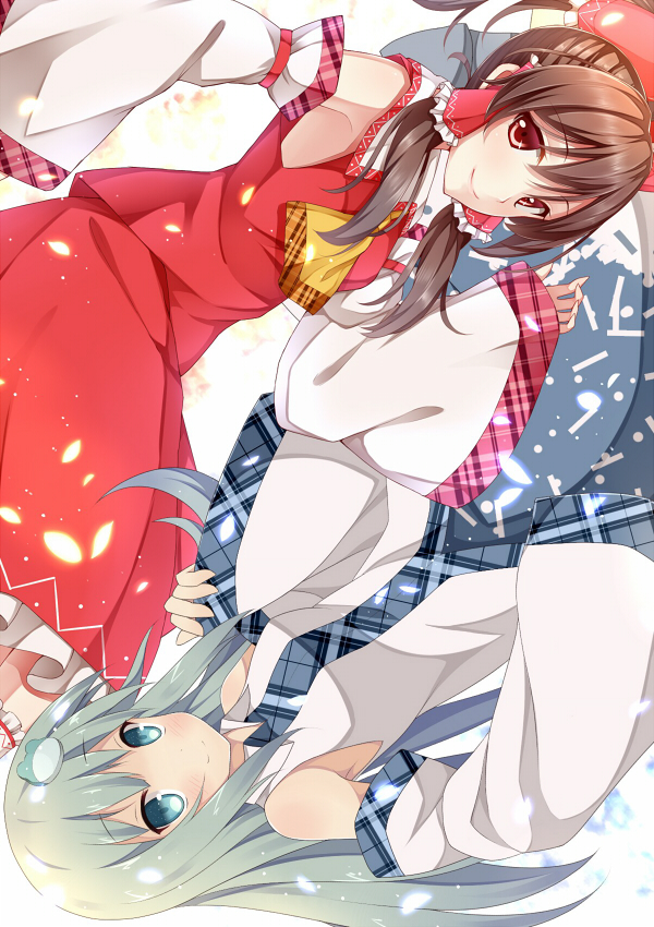 ascot, blue_eyes, bow, brown_hair, collaboration, dabadhi, detached_sleeves, green_hair, hair_bow, hair_heart, hair_ornament, hakurei_reimu, kochiya_sanae, multiple_girls, nagomi_no_ame, red_eyes, rotational_symmetry, smile, touhou