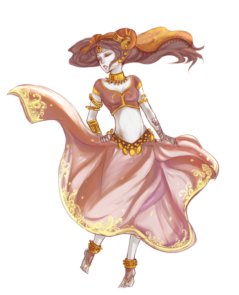 1girl, anklet, arabian_clothes, aradia_megido, armlet, barefoot, barefoot_sandals, bracelet, choker, closed_eyes, cuffs, dancer, eyes_closed, gusuzuru, homestuck, horns, jewelry, long_hair, navel, skirt, tattoo