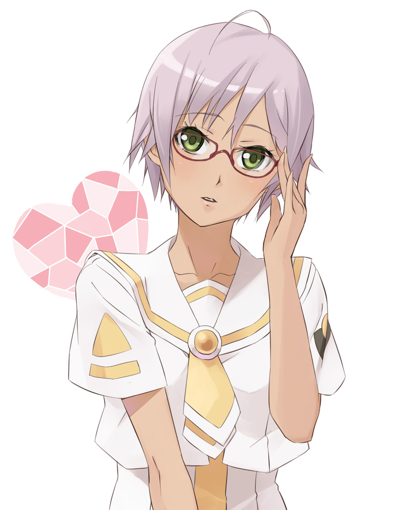adjusting_glasses, ahoge, aria, athena_glory, bespectacled, bust, getsumen, glasses