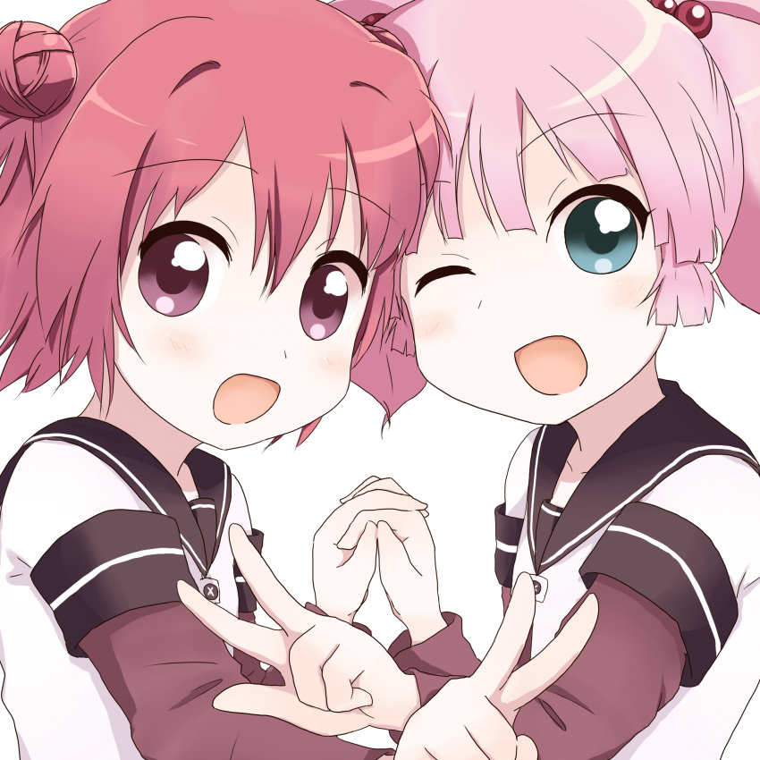 :d, absurdres, akaza_akari, blue_eyes, double_bun, hair_bobbles, hair_bun, hair_ornament