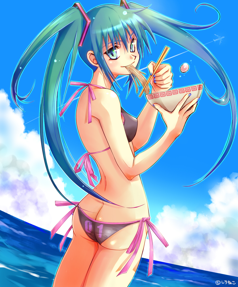 aqua_eyes, aqua_hair, ass, bikini, butt_crack, chopsticks, cloud, clouds, condensation_trail, dutch_angle, eating, food, hatsune_miku, highres, looking_back, necktie, noodles, ramen, side-tie_bikini, sironeko_miiko, sky, solo, swimsuit, twintails, vocaloid, water