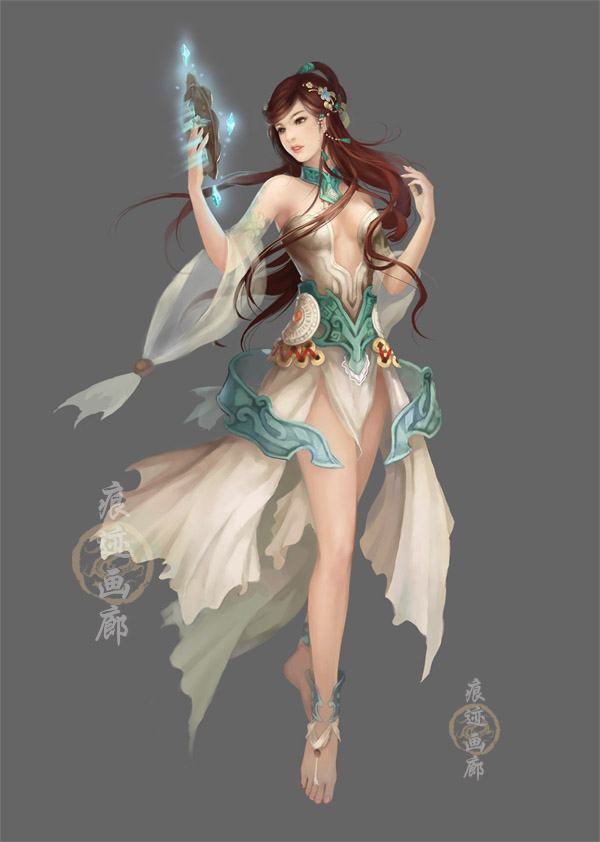 anklet, barefoot, barefoot_sandals, breasts, brown_hair, cleavage, detached_sleeves, dress