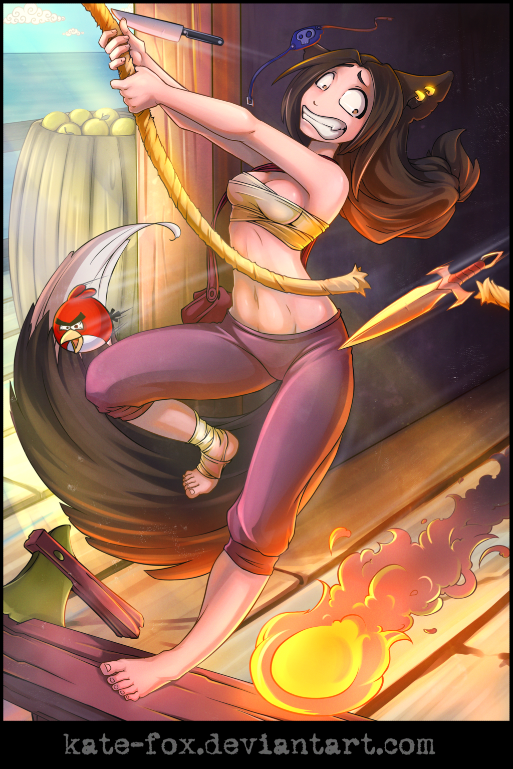 1girl, abs, angry_birds, animal_ears, ankle_wraps, apple, bag, bandages