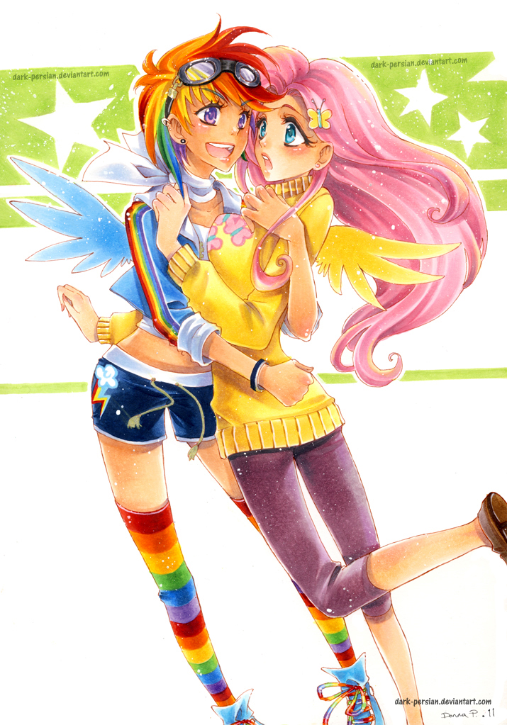 2girls, dark-persian, fluttershy, goggles, hair_ornament, hairpin, long_hair, midriff