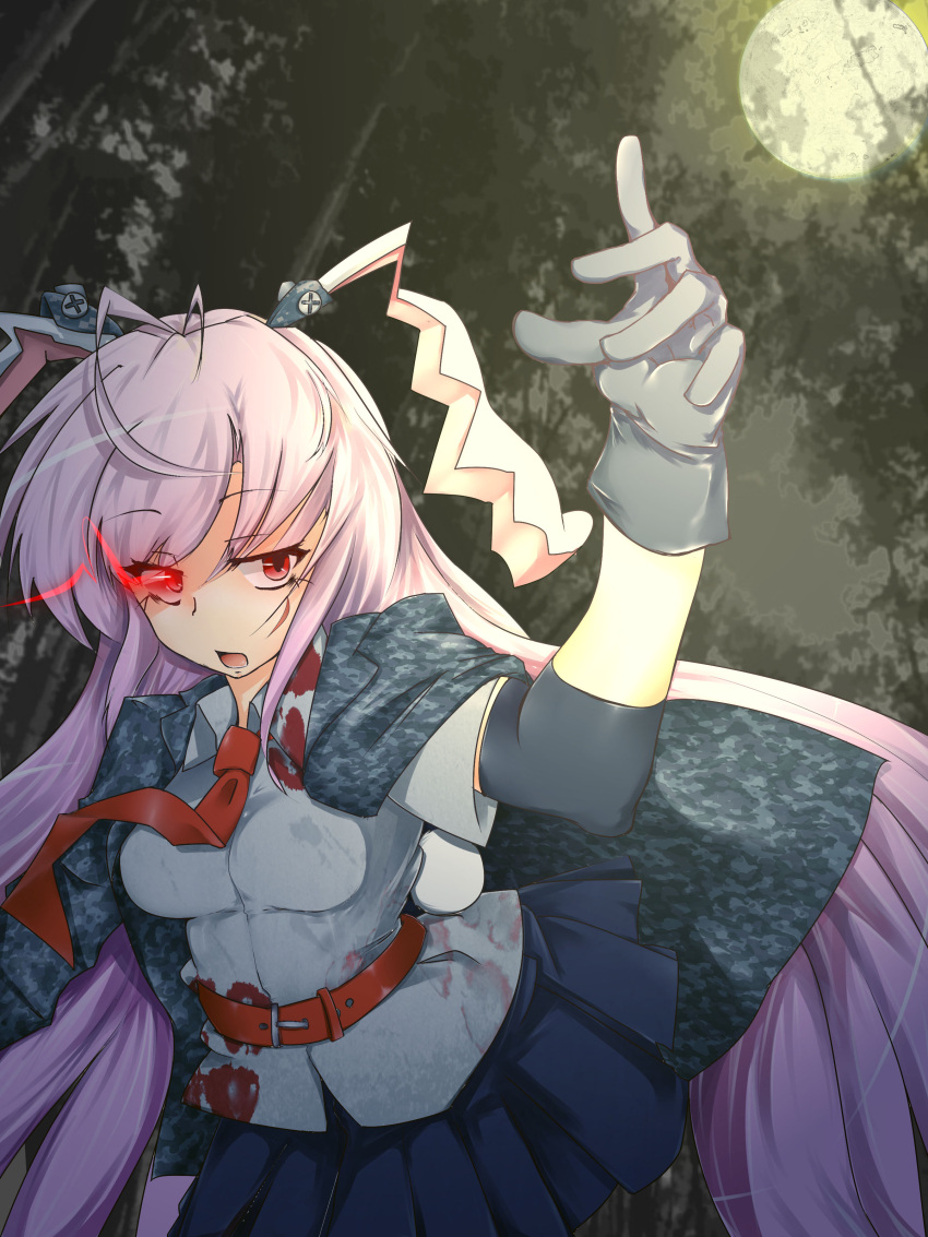 absurdres, animal_ears, antenna_hair, belt, bunny_ears, full_moon, gloves, glowing, glowing_eyes, highres, long_hair, moon, necktie, noumu, open_mouth, pink_hair, rabbit_ears, red_eyes, reisen_udongein_inaba, short_sleeves, solo, touhou, very_long_hair
