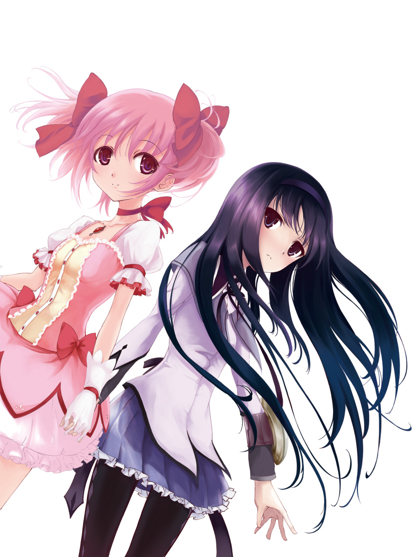 akemi_homura, argyle, argyle_legwear, black_legwear, bow, bubble_skirt, gloves, hair_bow