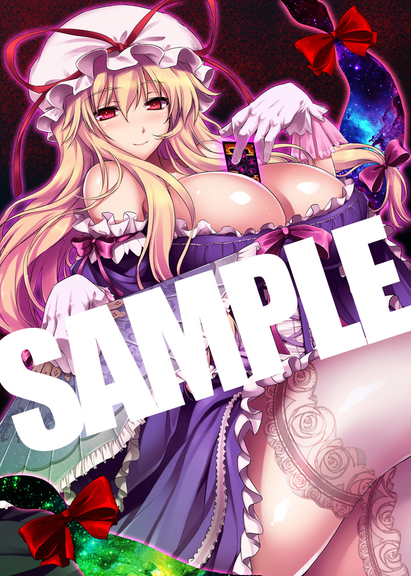 between_breasts, blonde_hair, blush, breasts, card, cleavage, fan, folding_fan
