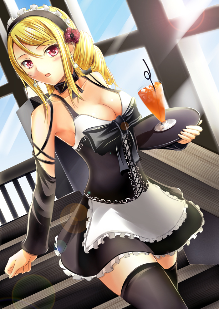 black_legwear, blonde_hair, bowtie, breasts, cleavage, detached_sleeves, drill_hair, drink