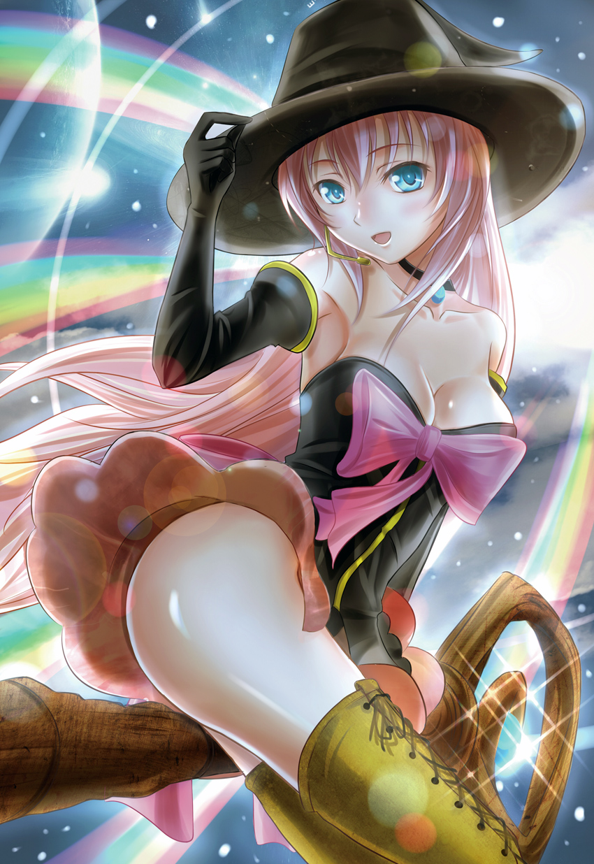 bare_shoulders, blue_eyes, boots, breasts, elbow_gloves, gloves, hat, headset