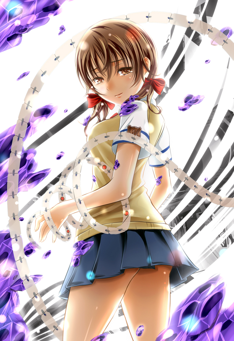 brown_eyes, brown_hair, guilty_crown, hair_ribbon, looking_at_viewer, looking_back, menjou_hare, mura_chidori