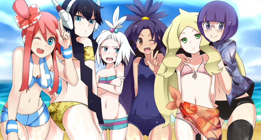 6+girls, absurdres, alternate_costume, ass, bad_id, bad_pixiv_id, bikini, black_hair