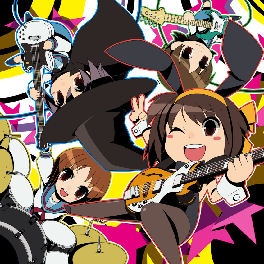brown_eyes, brown_hair, bunny_ears, bunnysuit, cape, chibi, drum, drum_set