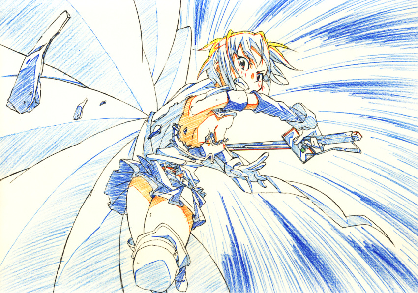 armband, armor, belt, blue, broken_armor, cape, clenched_teeth, colored_pencil_(medium)