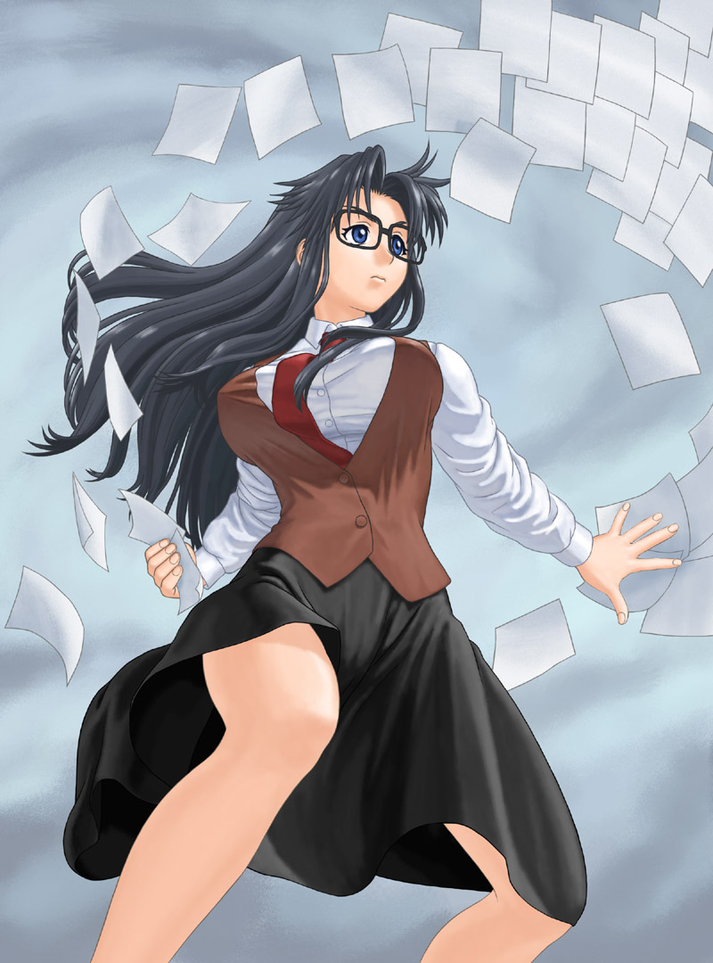 black_hair, blue_eyes, long_hair, necktie, paper, papers, read_or_die, rod