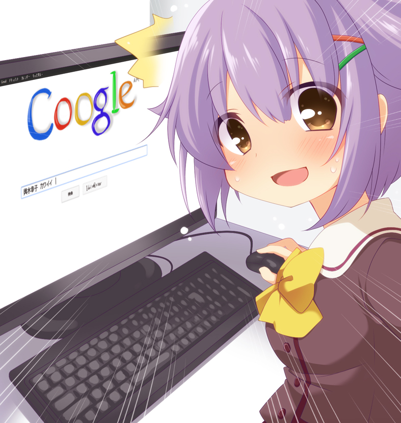 1girl, blush, brand_name_imitation, brown_eyes, caught, computer, computer_keyboard, computer_monitor, computer_mouse, google, grey_hair, hair_ornament, hairclip, idolmaster, idolmaster_cinderella_girls, koshimizu_sachiko, monitor, open_mouth, ringo_yuyu, short_hair, smile, solo, sweatdrop, translated, translation_request