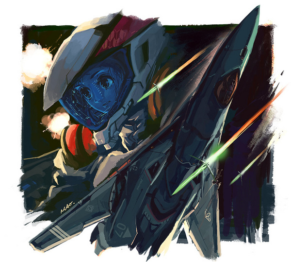explosion, flightsuit, helmet, macross, macross_frontier, mecha, missile, n.u.n.s.