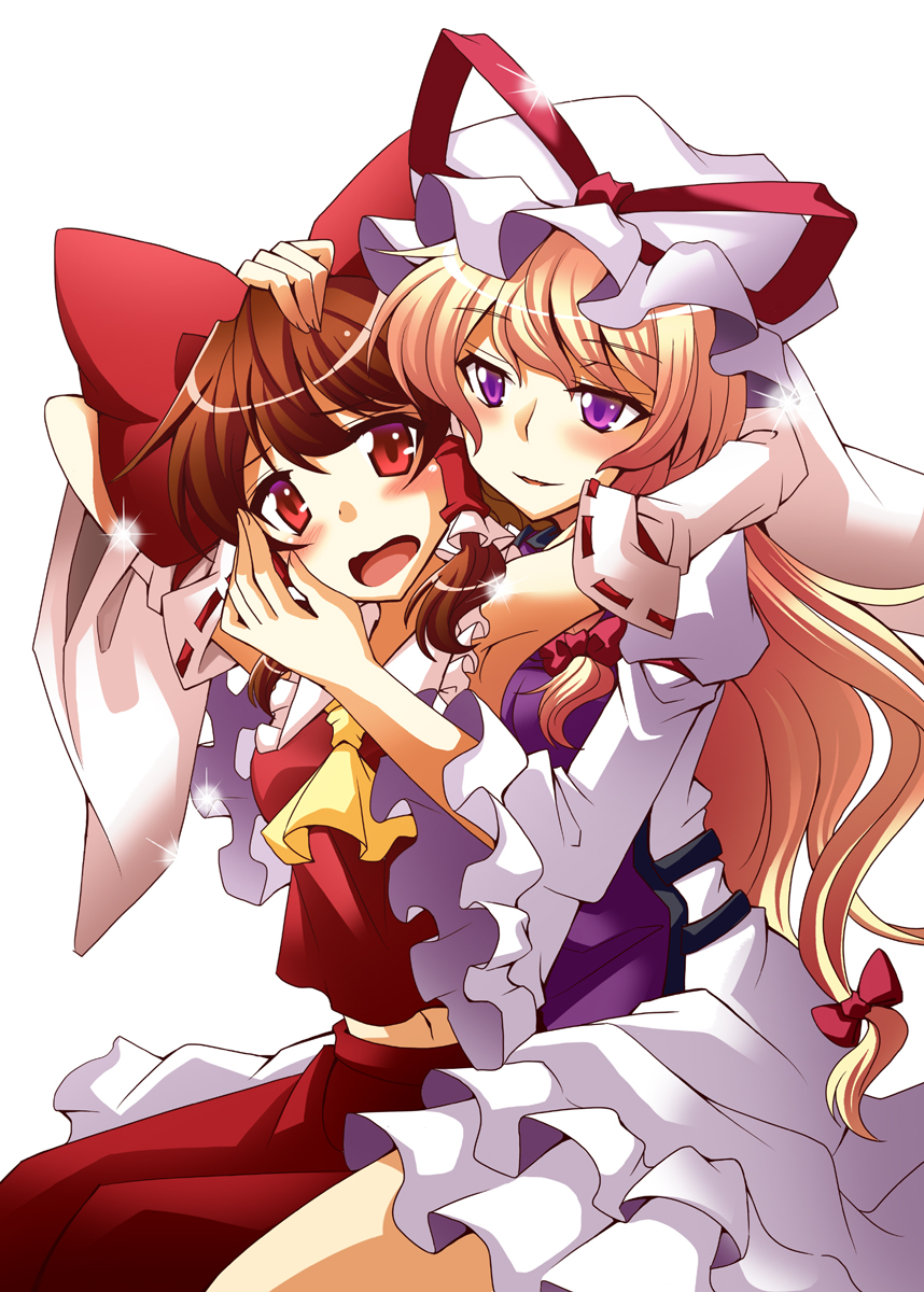 armpits, ascot, blonde_hair, blush, bow, brown_hair, detached_sleeves, hair_bow