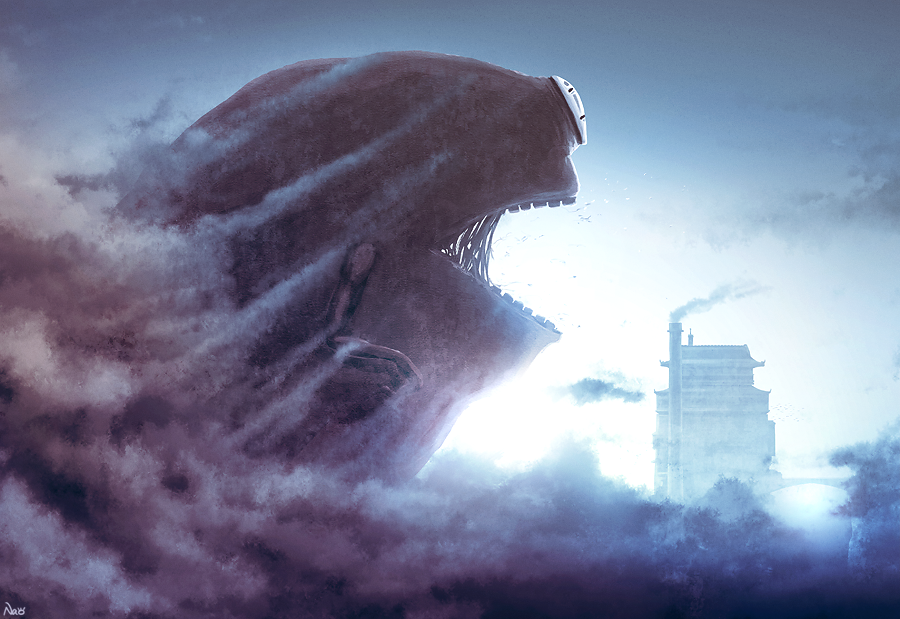 /ghibli, building, cloud, dust, giant, kaonashi, monster, nao_(1989gangsta), no_humans, open_mouth, sen_to_chihiro_no_kamikakushi, sen_to_chihiro_to_kamikakushi, smoke, solo, studio_ghibli, sunset