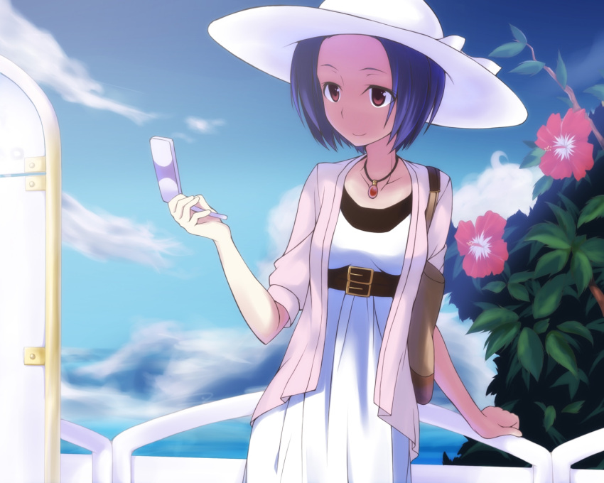 bad_id, bag, belt, blue_hair, cellphone, cloud, clouds, collarbone, flower, gumoyu, hat, highres, idolmaster, jewelry, miura_azusa, pendant, phone, red_eyes, short_hair, short_sleeves, sky, solo