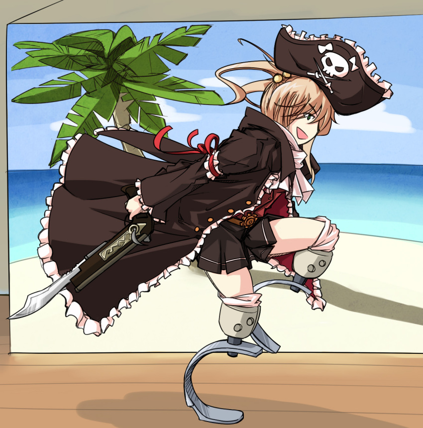 1girl, brown_hair, captain_liliana, captain_liliana_(cosplay), cosplay, cyzir_visheen, green_eyes, gunblade, hair_bobbles, hair_ornament, hat, ibarazaki_emi, jolly_roger, katawa_shoujo, long_coat, pirate_hat, pleated_skirt, prosthesis, queen's_blade, queen's_blade, skirt, skull_and_crossed_swords, solo, twintails, weapon