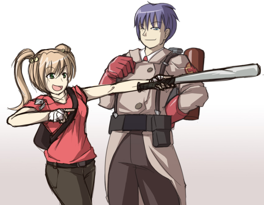 1boy, 1girl, bandage, bandages, baseball_bat, blue_eyes, blue_hair, brown_hair