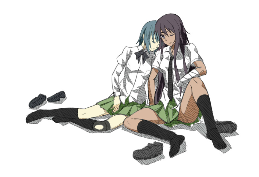 amputee, black_hair, blue_hair, colored, colorfag, dark_skin, extra, head_on_shoulder, highres, katawa_shoujo, knee_brace, kneehighs, long_hair, miura_miki, multiple_girls, necktie, raide, school_uniform, shoes_removed, sleeping, sleeping_upright, suzuki_suzu, wink