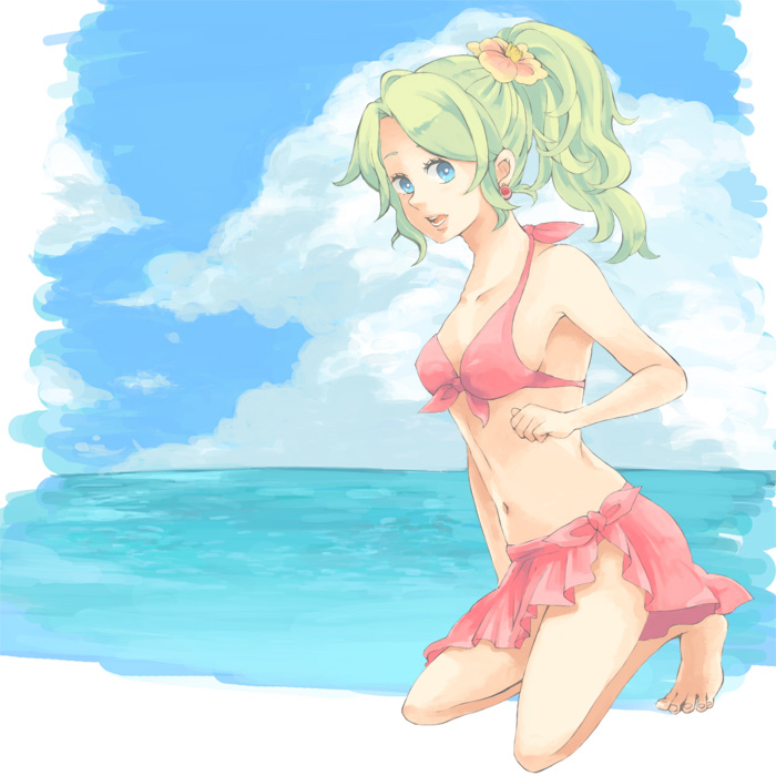 bare_shoulders, barefoot, beach, blue_eyes, clouds, earrings, feet, female, final_fantasy, final_fantasy_vi, green_hair, long_hair, midriff, miniskirt, navel, ponytail, skirt, sky, solo, swimsuit, tina_branford, totemonemui, water
