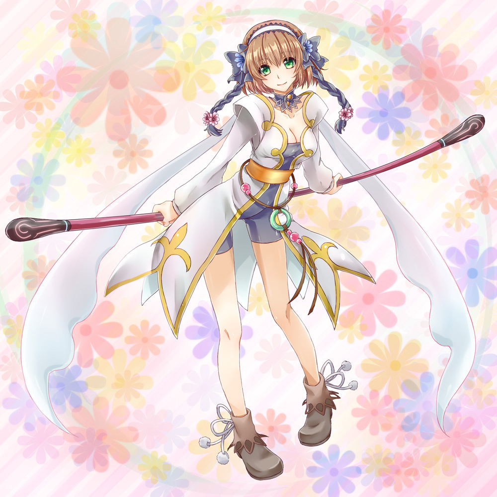 bike_shorts, bow, braid, breasts, brown_hair, cleavage, coat, detached_collar