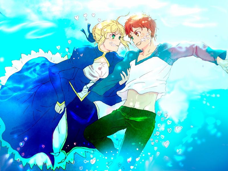 1girl, ahoge, blonde_hair, bubble, bubbles, couple, dress, emiya_shirou, exposed_midriff, fate/stay_night, fate/zero, fate_(series), green_eyes, hair_bun, heart, hearts, maa_(29kuu), midriff, orange_eyes, orange_hair, raglan_sleeves, red_hair, saber, underwater