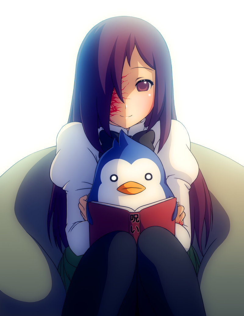 bean_bag, bird, crossover, hair_over_one_eye, ikezawa_hanako, katawa_shoujo, knees_together_feet_apart, long_hair, mawaru_penguindrum, mike_inel, pantyhose, penguin, penguin_3-gou, purple_eyes, purple_hair, reading, scar, school_uniform, sitting, sitting_on_lap, sitting_on_person, smile, solo, violet_eyes